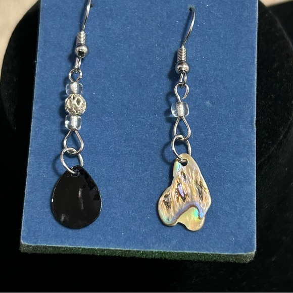 Hand Crafted Jewelry - Handmade Silver and Black Dangle abalone Earrings Mismatched